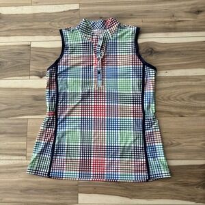 Kinona Women's Make It Snappy Sleeveless‎ Golf Top Vacation Plaid Large UPF 50+